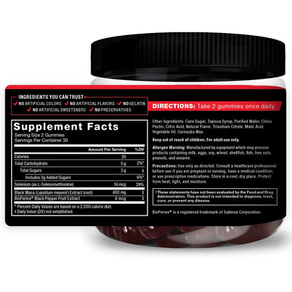 Black Maca Gummies, Black Maca Root to Enhance Vitality in Men & Women, Increase Energy & Strength, with Bioperine for Superior Absorption, Delicious Passion Berry Flavor, 60 Gummies by