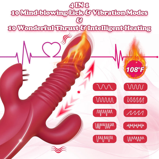 Thrusting Rabbit Vibrator Female Sex Toys for Women, Stimulator with 10 Powerful Vibration & Telescopic & Heating Function,4 in 1 Waterproof Adult Toy for Couples